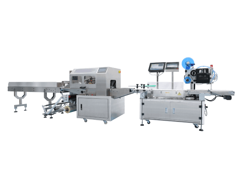 Vegetable flow packing machine with weighing and labeling machine